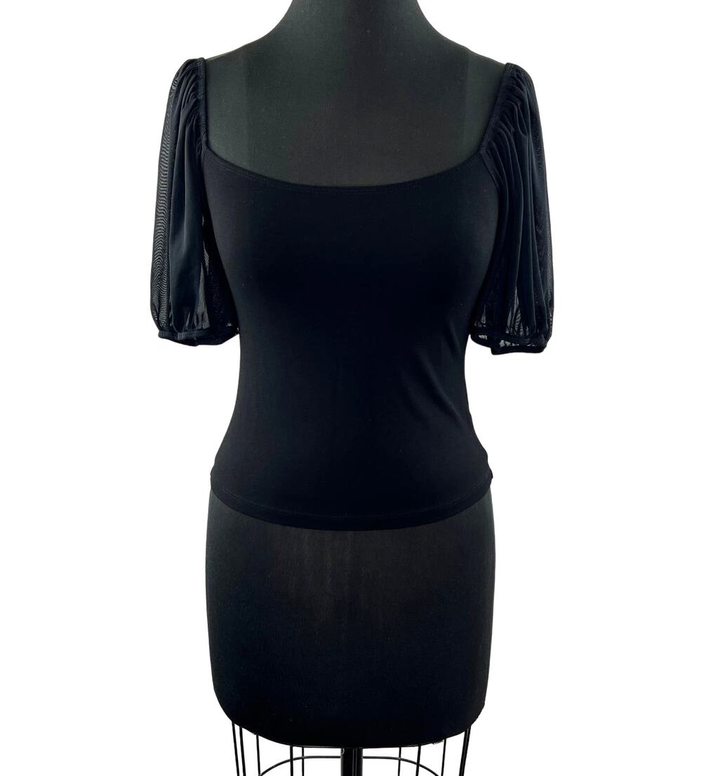 FREE PEOPLE INTIMATELY Black Mesh Puff Sleeve Rounded Square Neck Top Size M